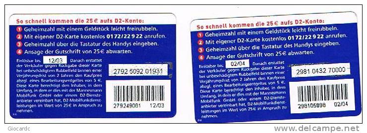 GERMANIA (GERMANY) - D2 VODAFONE  (RECHARGE) - CALL NOW 25 € BLEU:  LOT OF 2 DIFFERENT      - USED ° - RIF. 5822 - GSM, Voorafbetaald & Herlaadbare Kaarten