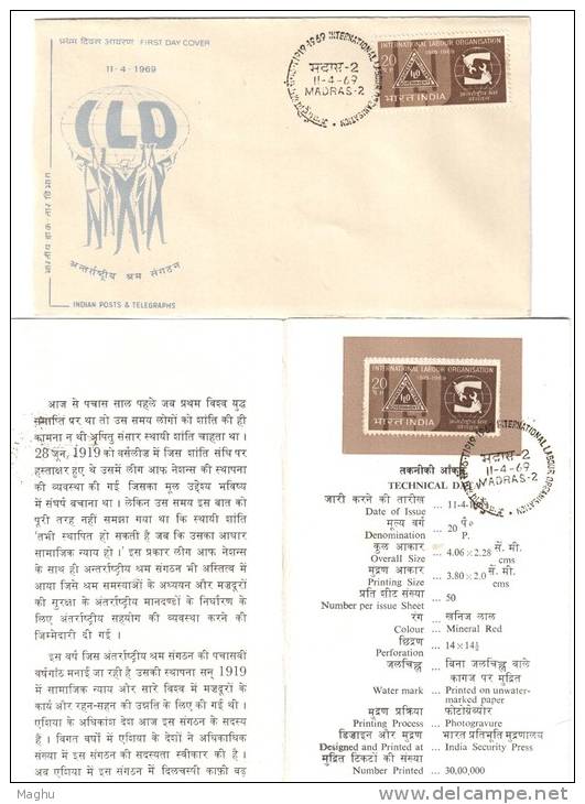 India 1969 FDC +  Stamped Info., ILO, Labour Organization - OIT