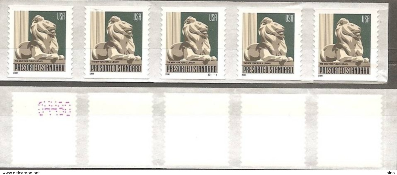 USA. Scott # 3447 MNH Coil Strip Of 5 With Pl # S11111 & Control #. Lion 2000 - Roulettes (Numéros De Planches)