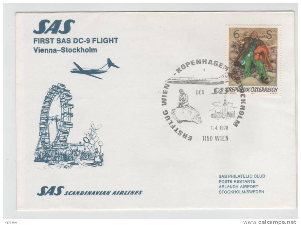 Austria First SAS Flight DC-9 Vienna - Stockholm 1-4-1978 - First Flight Covers