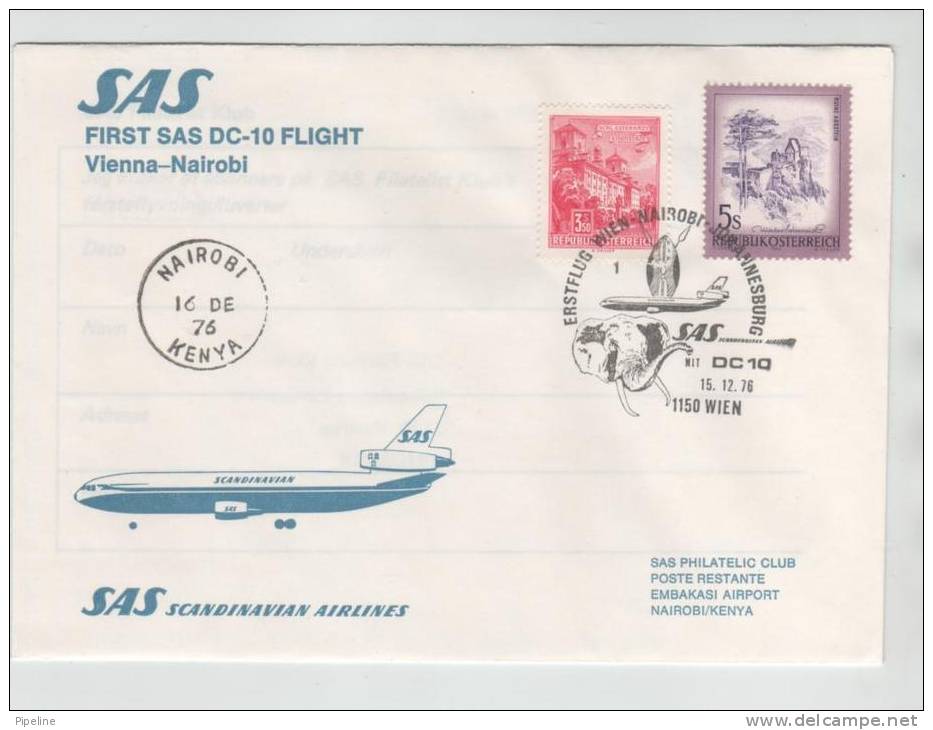 Austria First SAS Flight DC-10 Vienna - Nairobi 15-12-1976 - First Flight Covers