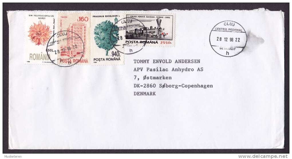 Romania Mult Franked CLUJ 1998 Cover To Denmark Train Flower Tree Building - Lettres & Documents