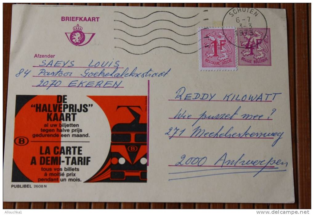 ENTIER POSTAUX BRIEFKAART DE BELGIQUE BELGIE +TIMBRE RAJOUTE CARTE DEMI TARIF DE HALVEPRIJS" KAART TRAIN CHEMIN DE FER B - Cartes-lettres