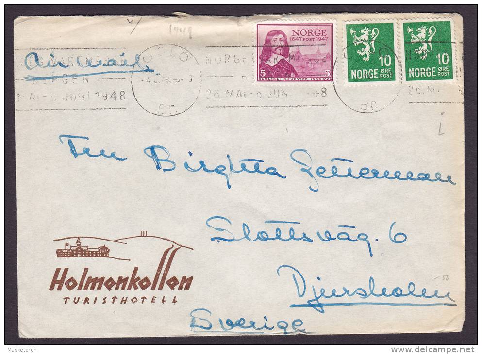 Norway Airmail Par Avion HOLMENKOLLEN TURISTHOTELL, OSLO 1948 Cover To Sweden - Storia Postale