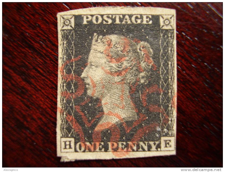 PENNY BLACK 1840 FOUR MARGINS USED MALTESE CROSS In RED - Gebraucht