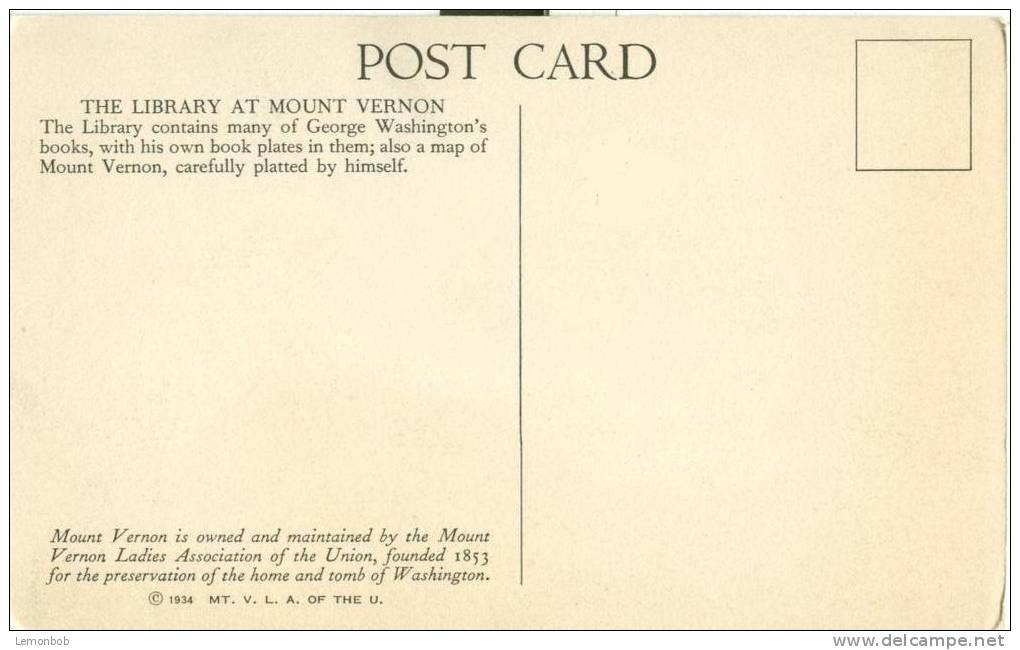 USA – United States – The Library At Mount Vernon, VA, 1934 Unused Postcard [P6205] - Altri & Non Classificati