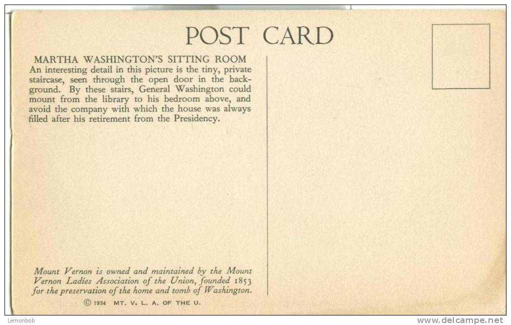 USA – United States – Martha Washington's Sitting Room, Mount Vernon, VA, 1934 Unused Postcard [P6206] - Altri & Non Classificati