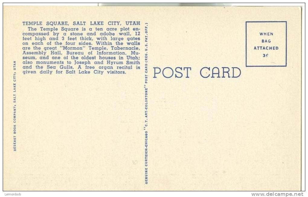 USA – United States – Temple Square, Salt Lake City, Utah, Unused Linen Postcard [P6249] - Salt Lake City