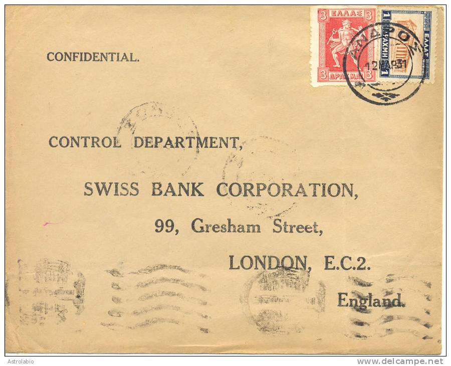 1931 Lettre De Greece Vers London. Cover - Covers & Documents