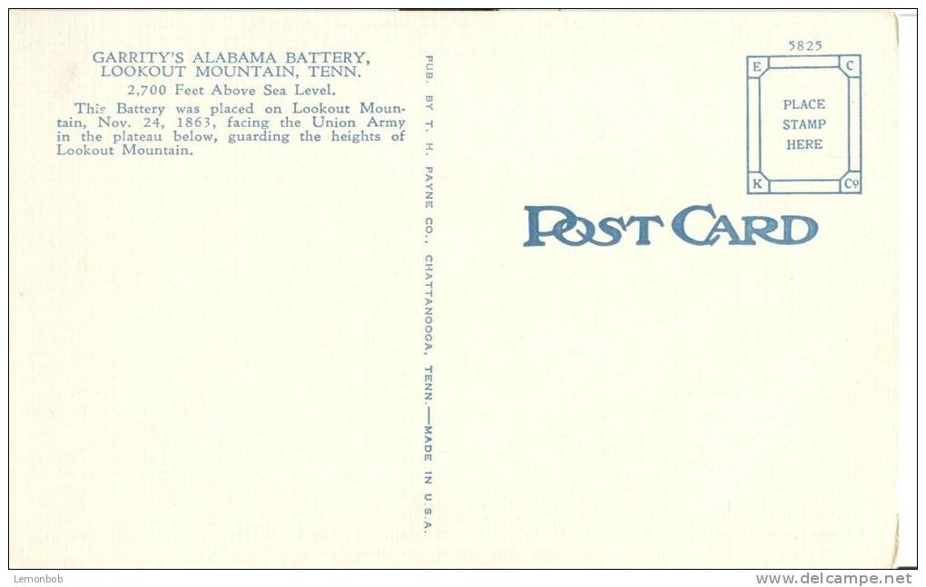 USA – United States – Garrity's Alabama Battery, Lookout Mountain, Chattanooga, Tennessee, Unused Linen Postcard [P6288] - Chattanooga