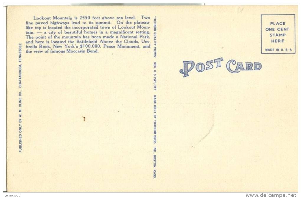 USA – United States –  Tennessee River And Lookout Mountain, Chattanooga, Tennessee, Unused Linen Postcard [P6289] - Chattanooga