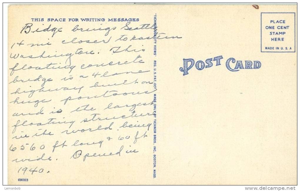 USA – United States – Lake Washington Pontoon Bridge, Seattle, Washington, 1940s Used Linen Postcard [P6298] - Seattle