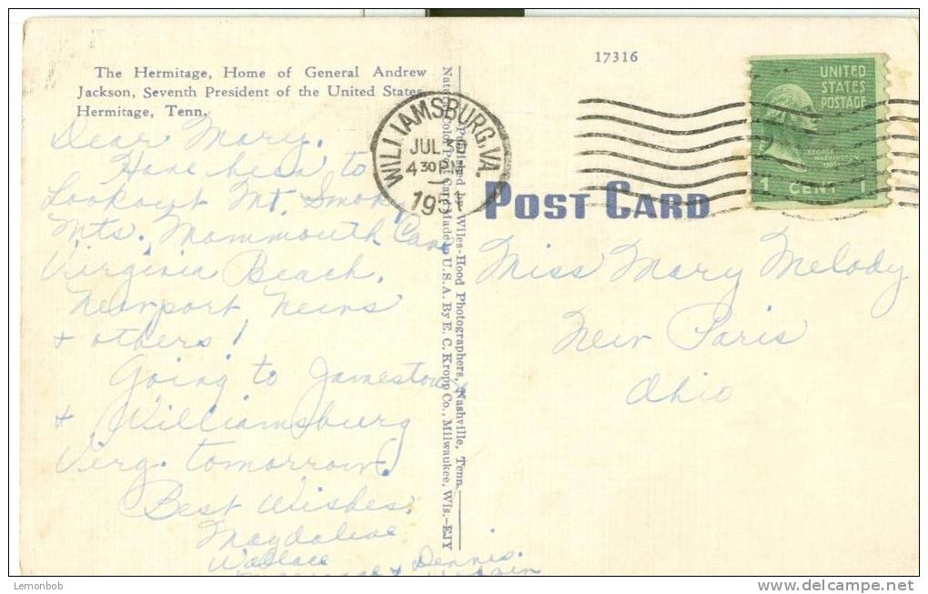 USA – United States – The Hermitage, Home Of General Andrew Jackson, Tennessee, 1951 Used Linen  Postcard [P6299] - Andere & Zonder Classificatie