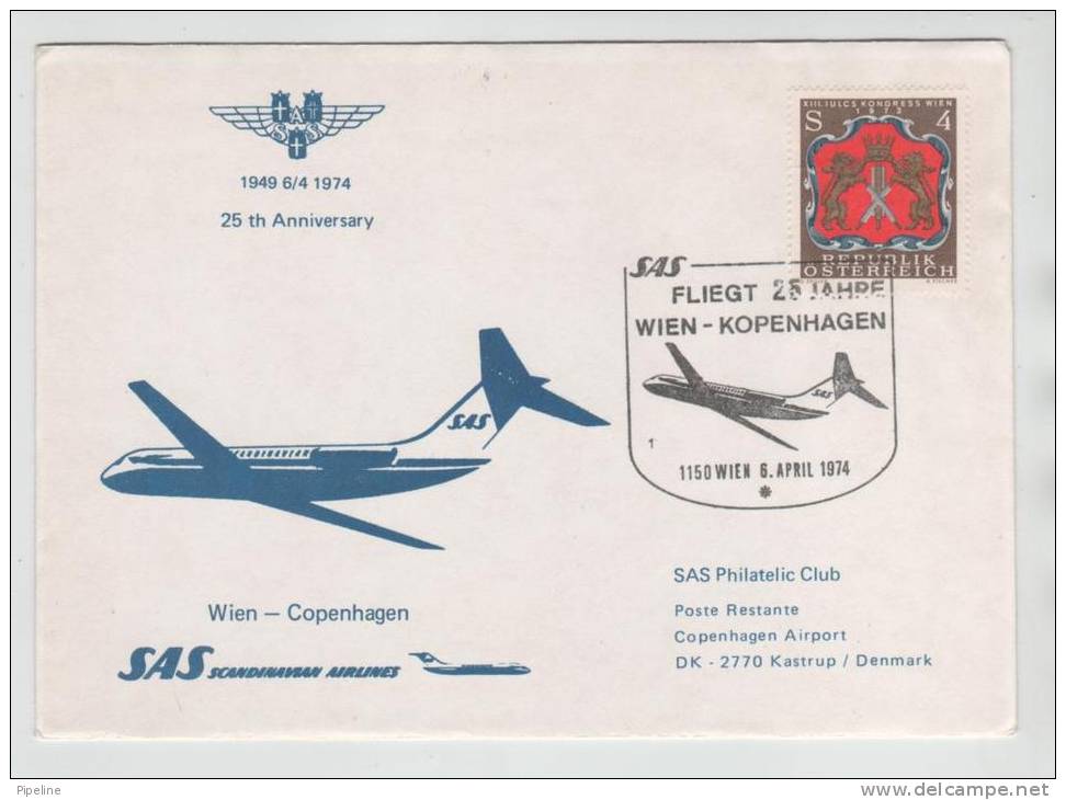 Austria SAS Flight Wien - Copenhagen 25th. Anniversary 6-4-1974 - First Flight Covers