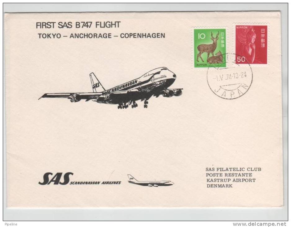 Japan First Flight SAS B 747 Tokyo - Anchorage - Copenhagen 1-5-1974 - Lettres & Documents