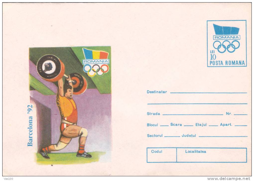 Haltérophilie Weightlifting 1992  Olympic Games Barcelona Stationery Cover Entier Postal Unused Romania. - Gewichtheben