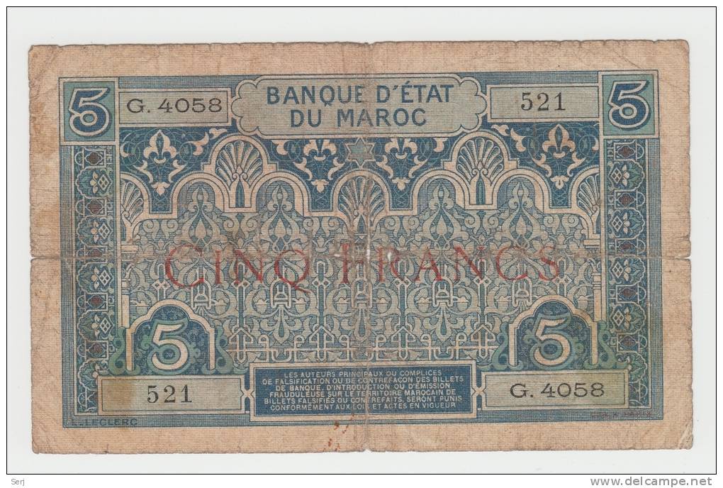 Morocco French 5 Francs 1924 G-VG RARE Banknote P 9 - Marokko