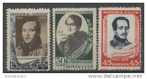 RUSSIA (USSR) -(CP3910)-YEAR 1939-(Michel 726/728)-125th Birth Anniversary Of M. Yu. Lermontov-MH * - Neufs