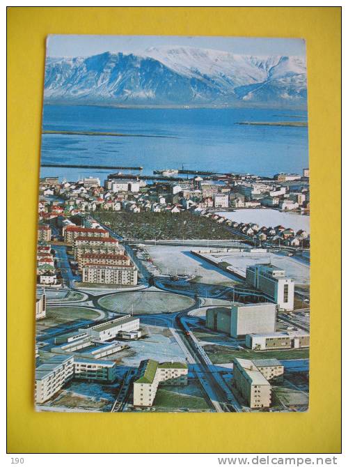 Aerial View Of Reykjavik And Its Harbour With Mt.Esja In The Background;Norge Stamp And Sign - IJsland