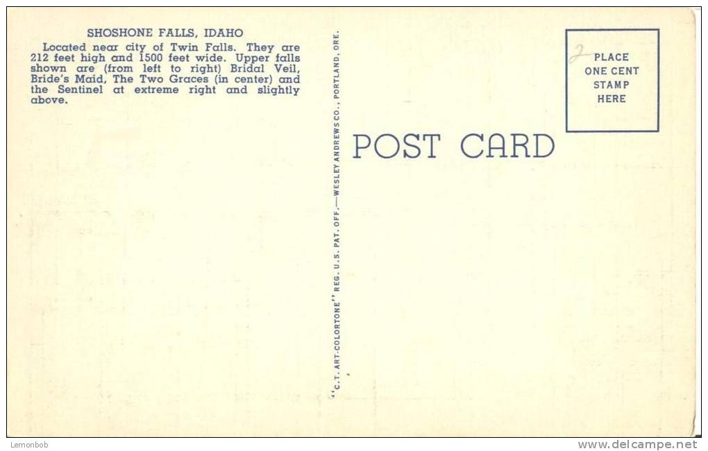 USA – United States – Shoshone Falls, Idaho, Unused Linen Postcard [P6364] - Sonstige & Ohne Zuordnung