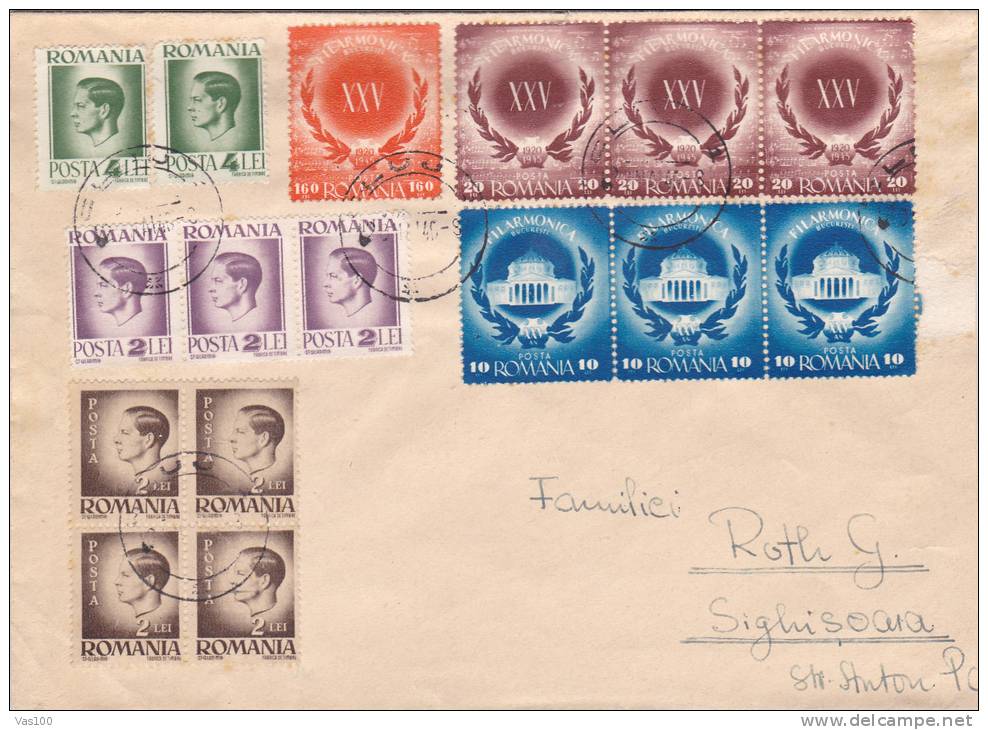 Inflation 1946 Mai 20 ,cover, 16 Stamps King Mihai & Filarmonica, From  Cluj To Sighisoara, Romania. - Storia Postale