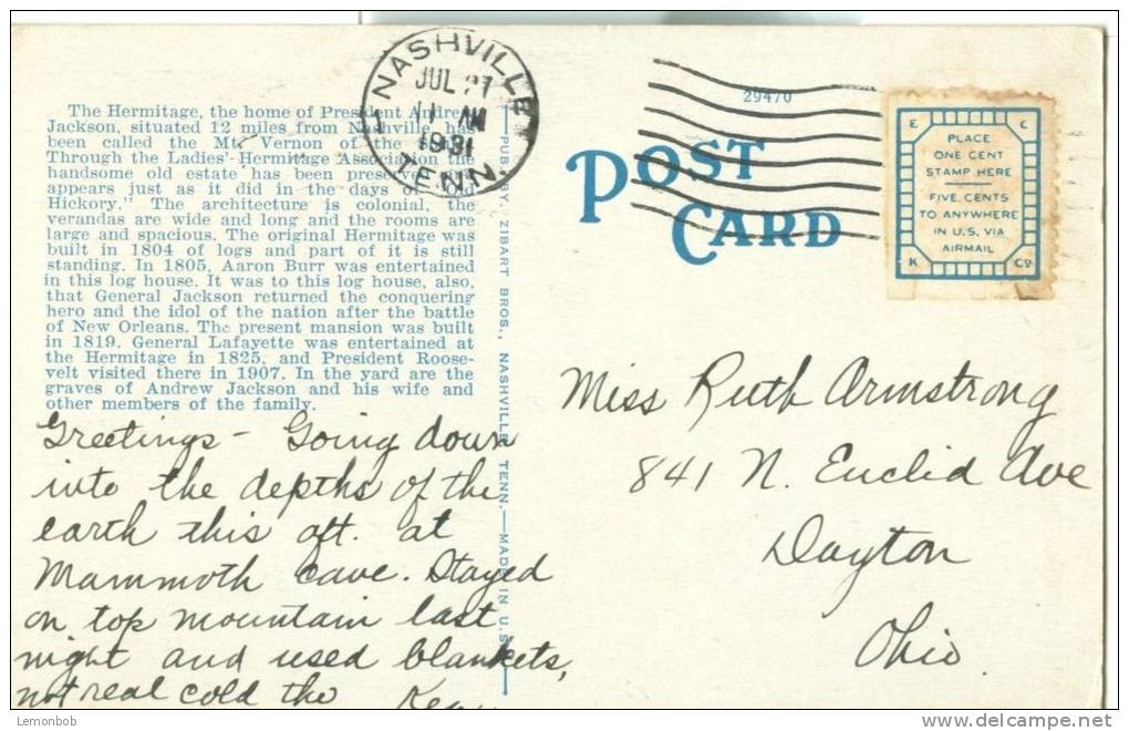 USA – United States – The Hermitage, Home Of President Jackson, Nashville, Tennessee, 1931 Used Postcard [P6380] - Nashville
