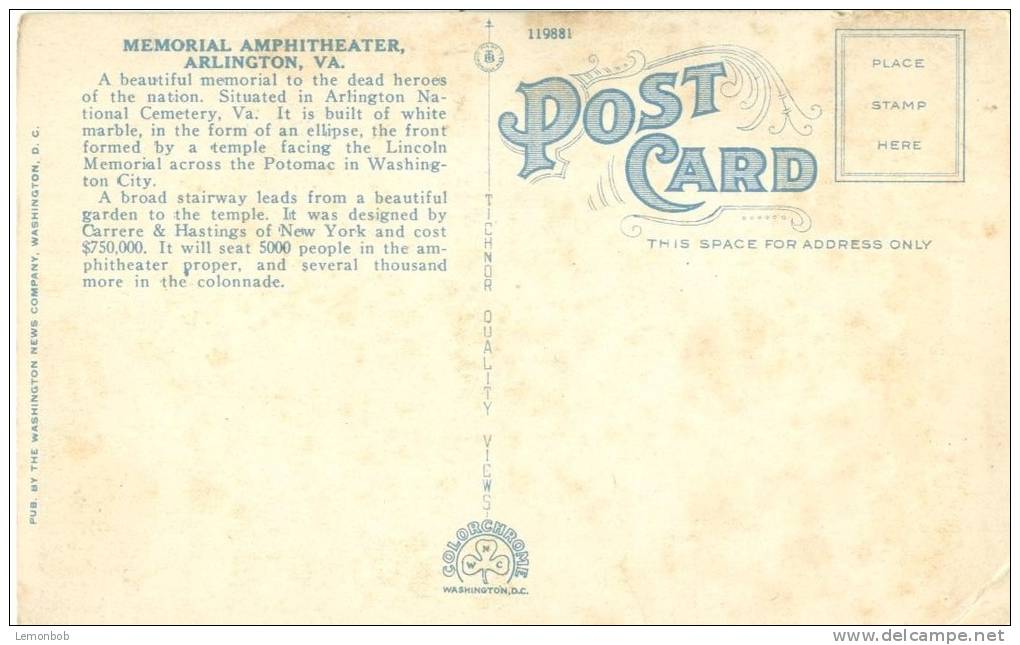 USA – United States – Memorial Amphitheatre At Arlington, VA, 1920s Unused Postcard [P6393] - Arlington