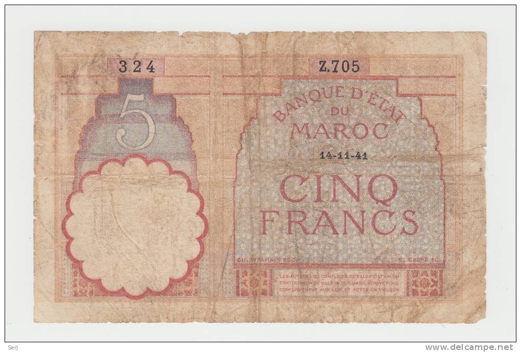 Morocco 5 Francs 14-11- 1941 VG P 23Ab 23A B - Marocco