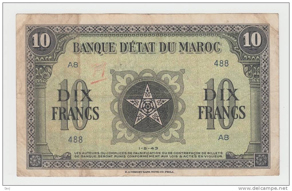 MOROCCO 10 DIX FRANCS 1944 VF P 25 - Maroc