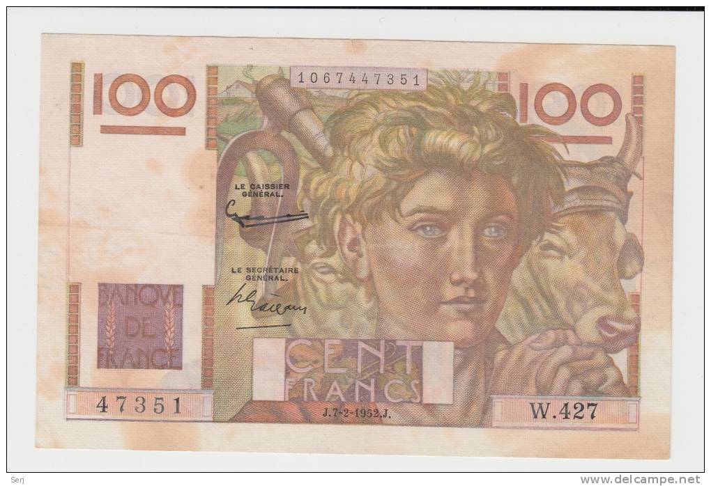 France 100 Francs 1952 CRISP Banknote P 128d 128 D - 100 F 1945-1954 ''Jeune Paysan''