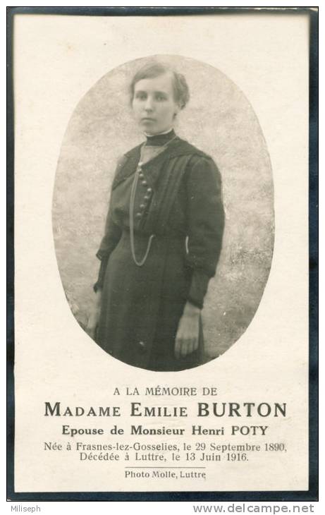 Avis De Décès - Emilie BURTON -  1890 Frasnes-lez-Gosselies - 1916 Luttre         (951) - Images Religieuses