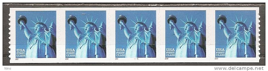 USA. Scott # 3453 MNH Coil Strip Of 5 Pl # 1111. Statue Of Liberty 2000 - Roulettes (Numéros De Planches)