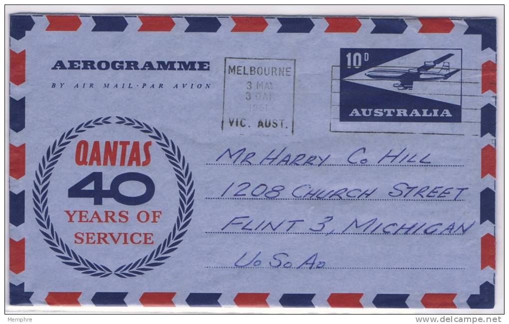 1961 10 D.  Aerogramme  QANTAS  40th Ann To USA - Aerogramas