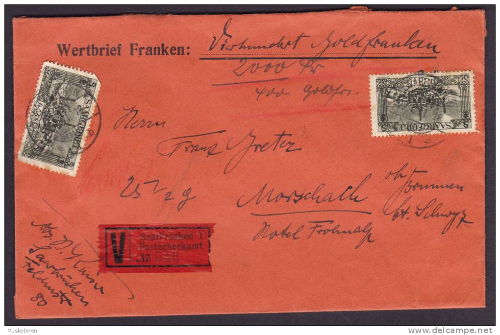 Saargebiet Wertbrief SAARBRÜCKEN Label 1931 Value Cover To MORSCHACH (Schwyz) Switzerland Siegel (2 Scans) - Storia Postale