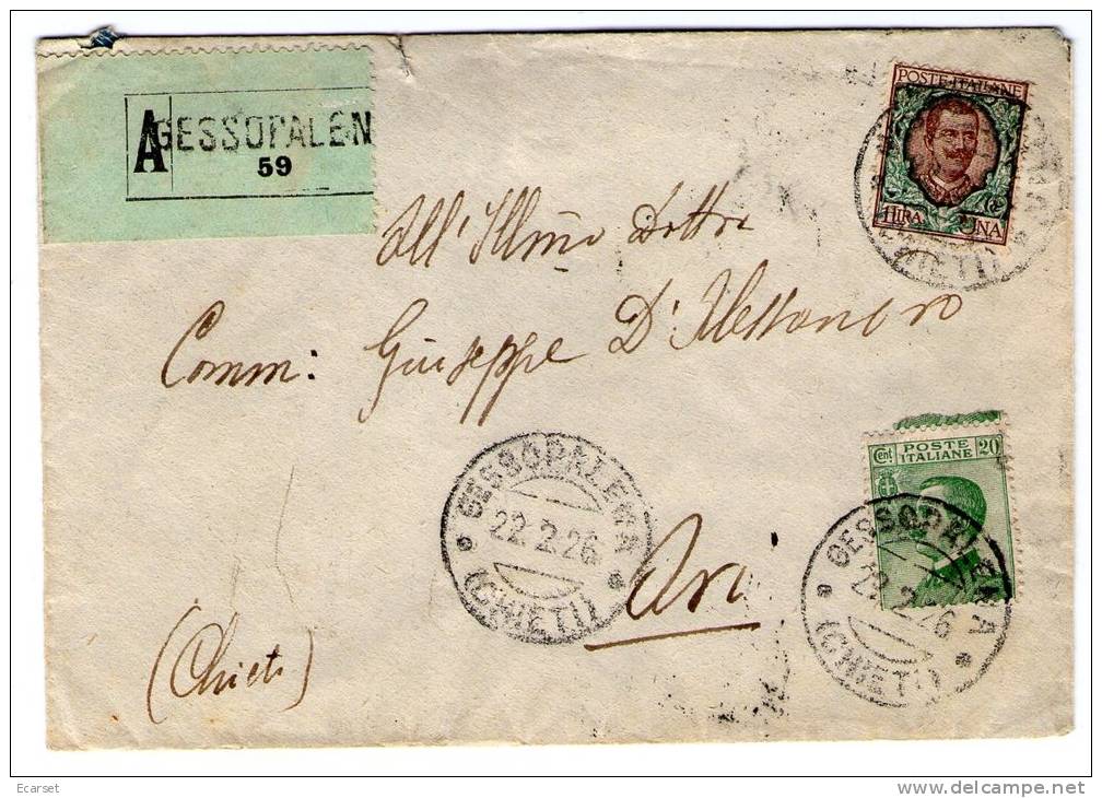 Lettera Raccomandata Da Gessopalena Per Ari (Chieti) Affrancata 1 L. "floreale" + 20 Cent. "Michetti". 22/02/1926 - Storia Postale