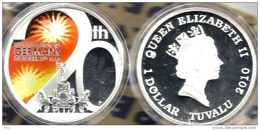 TUVALU $1 UNIFICATION OF GERMANY 20 YEARS COLOURED FRONT QEII BACK 2010 SILVER PROOF READ DESCRIPTION CAREFULLY !!! - Tuvalu