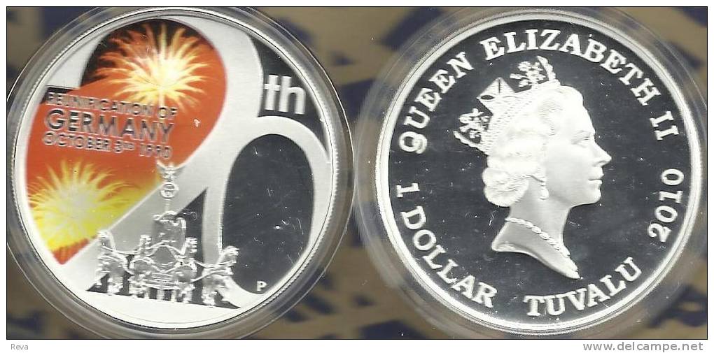 TUVALU $1 UNIFICATION OF GERMANY 20 YEARS COLOURED FRONT QEII BACK 2010 SILVER PROOF READ DESCRIPTION CAREFULLY !!! - Tuvalu