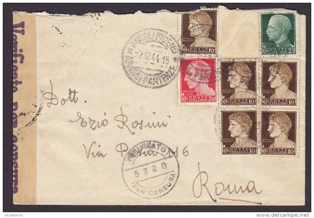 Italy Via Aerea Airmail Mult Franked ASCOLI PICENO 1944 Cover Zensur To ROMA Censor Censura Label & Cds. (2 Scans) - Airmail