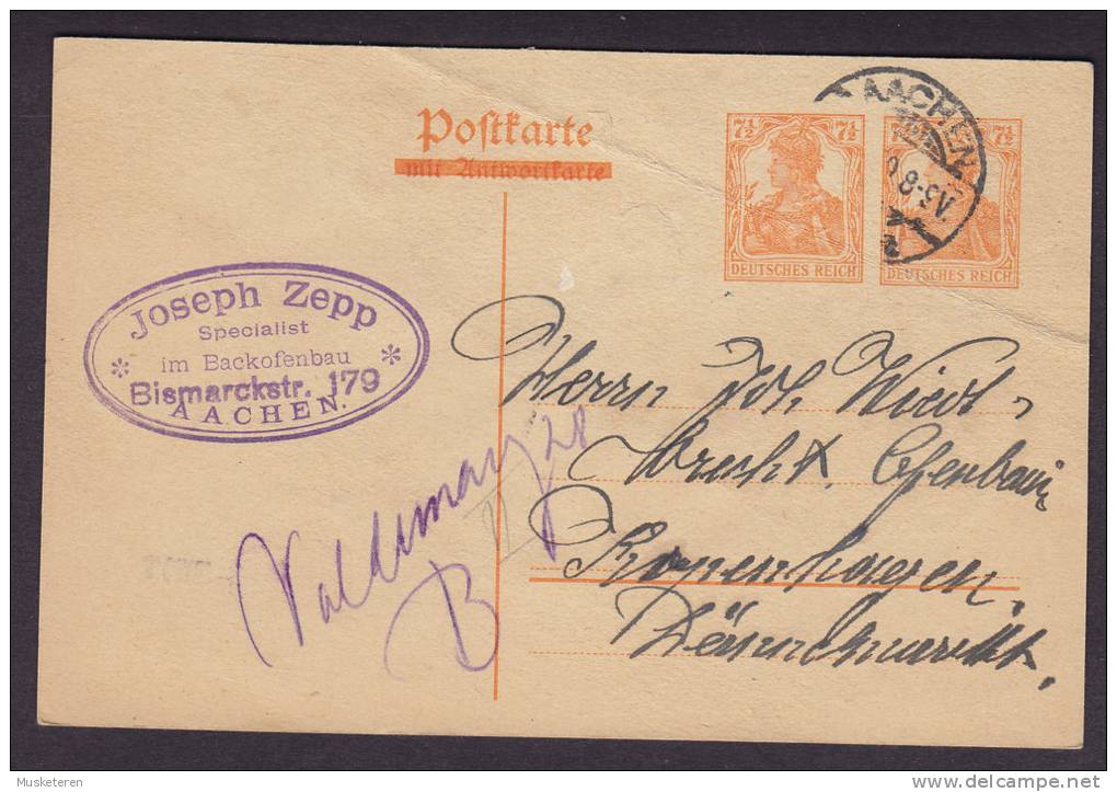 Deutsches Reich Postal Stationery Ganzsache Entier JOSEPH ZEPP, AACHEN 1920 Germania Overprinted Antwort Karte - Cartes Postales