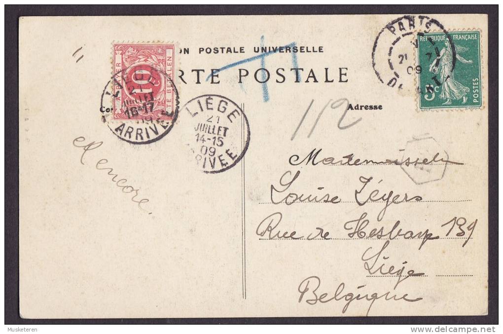 France CPA 3085. Panorama De PARIS DEPART 1909 To LIEGE W. Deluxe LIEGE ARRIVEE 1909 Timbre-Taxe T-Cancelled Postage Due - Briefe U. Dokumente