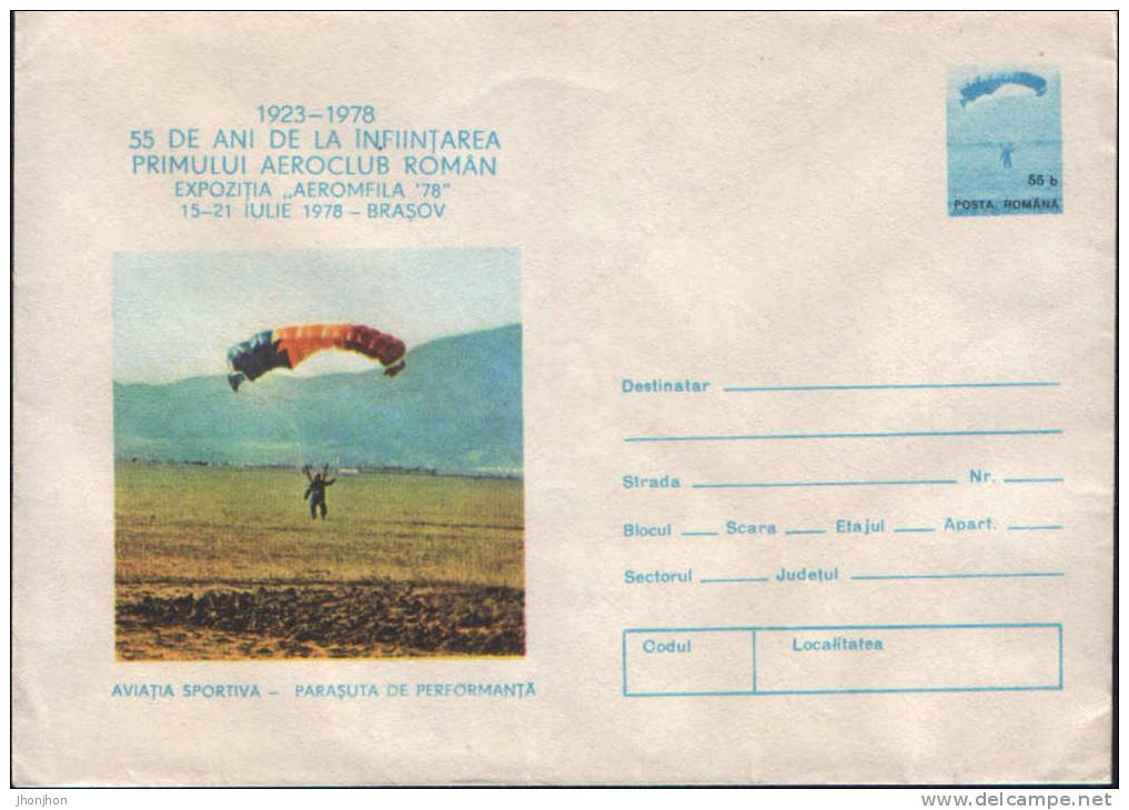 Romania- Postal Statonery Cover 1978- Parachute Performance. - Paracadutismo