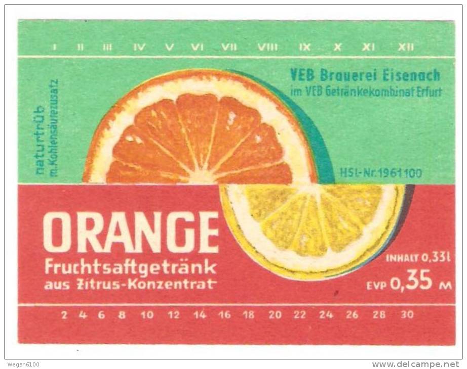 DDR-Etikett ORANGE Limonade 0,33l VEB Brauerei Eisenach Im VEB GK Erfurt - Bier