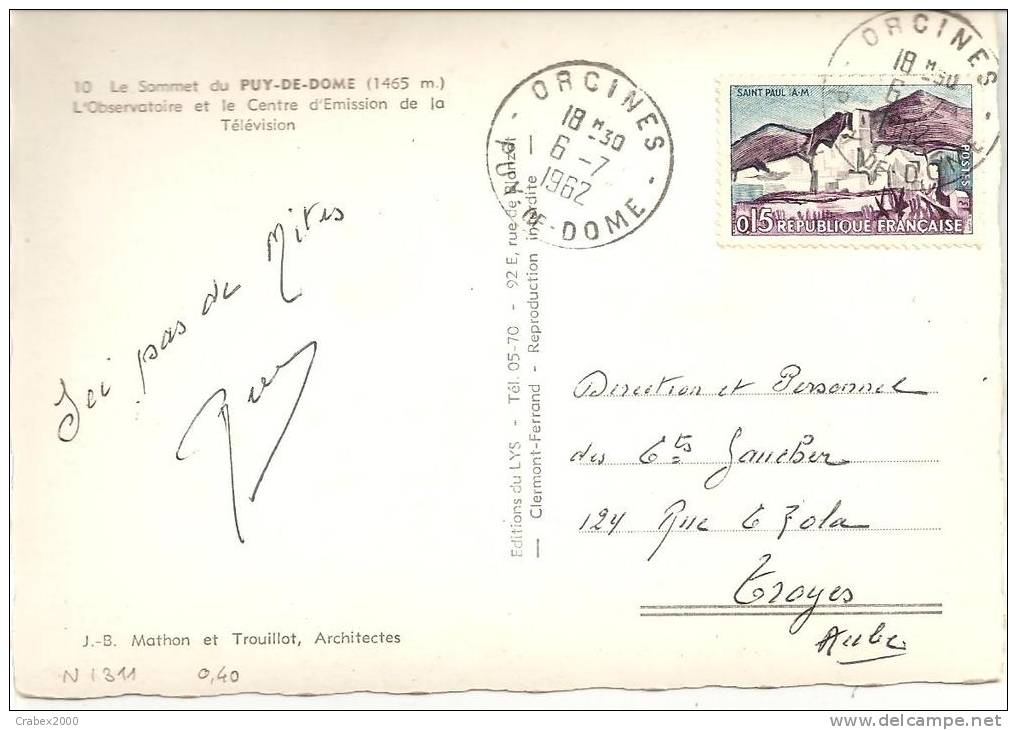 N°1311    ORCINES                  Vers      TROYES    Le    06 JUILLET1962 - Covers & Documents