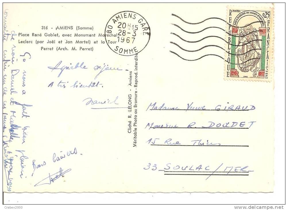 N°1482    AMIENS           Vers      SOULAC      Le  28 MARS  1967 - Cartas & Documentos