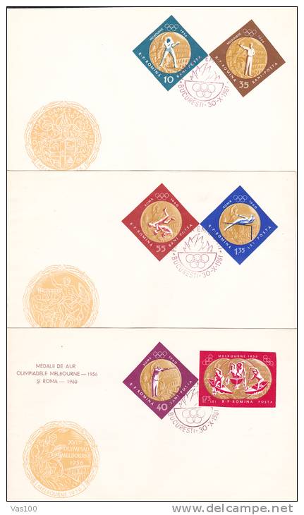 Romania 1960 FDC 3 Coves Olympic Games Imperforated,Gold Medals At The Olympics In Melbourne And Rome. - Summer 1960: Rome