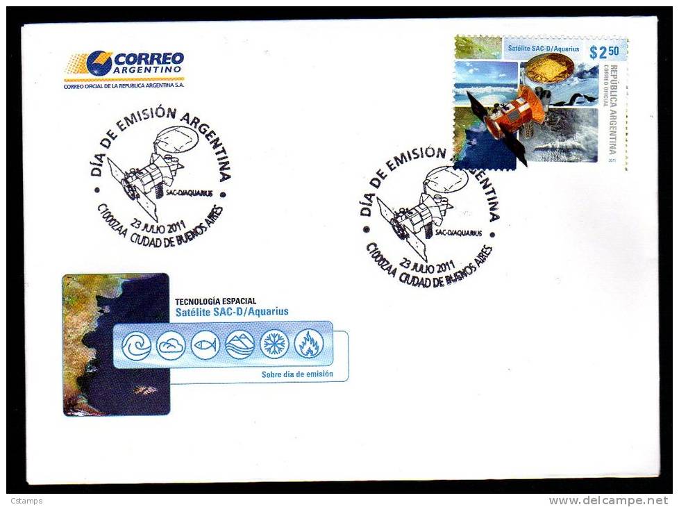 Tecnología Espacial - Satelite SAC-D /Aquarius - 23/07/2011 - Argentina - Cover FDC - Sobre Día De Emisión. - América Del Sur