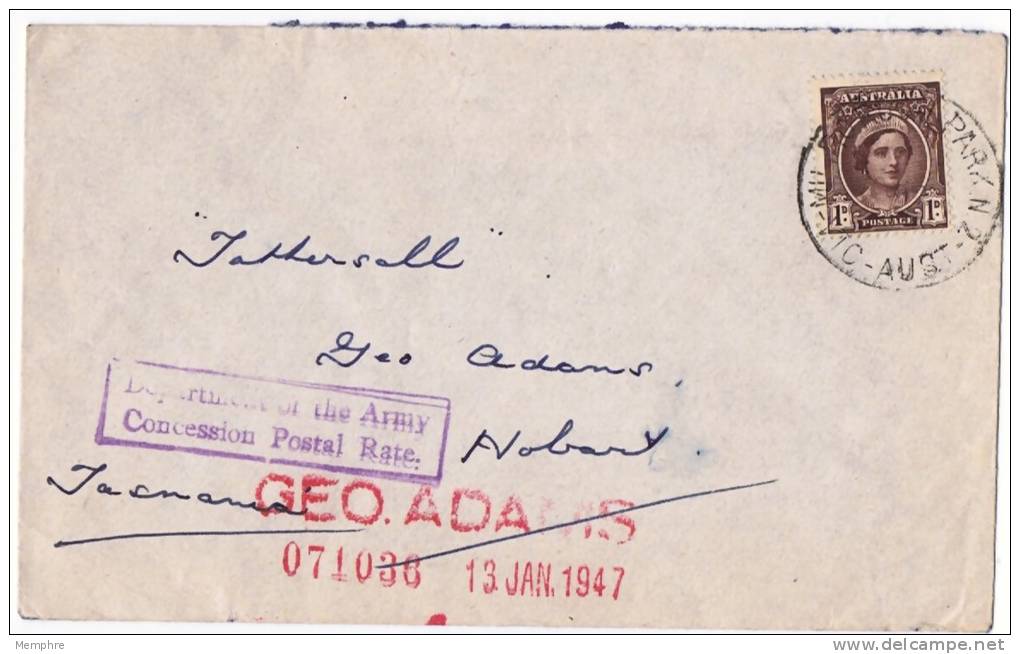 1945  Domestic Letter From Mil. P.O. Royal Park  N. 2 Boxed Department Of The Army  /  Concession Postal   Rate&raquo; - Briefe U. Dokumente