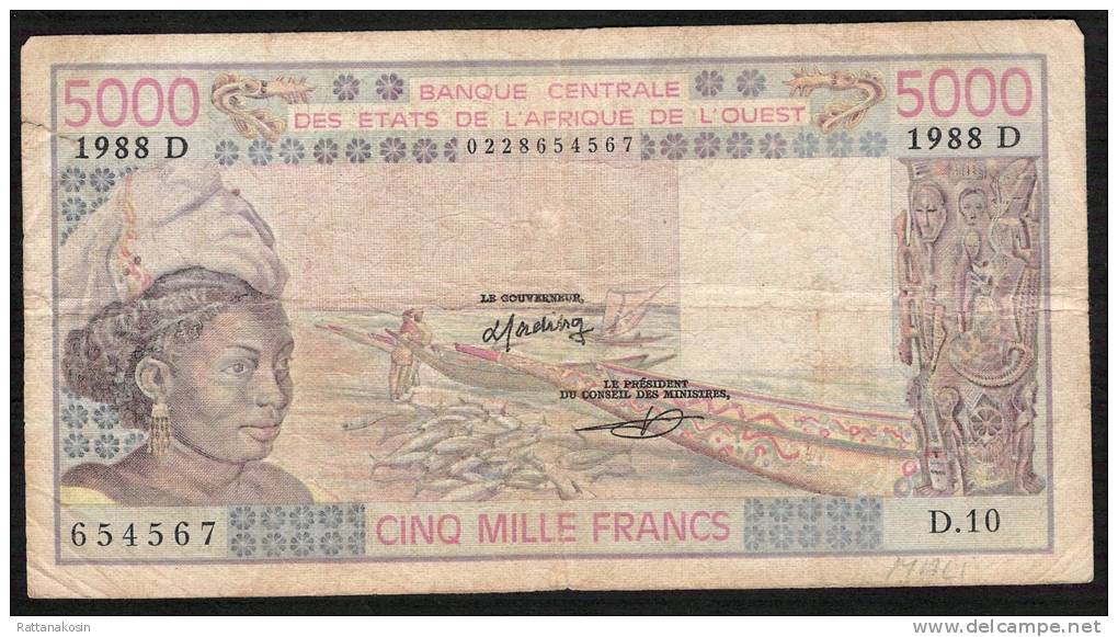 MALI  P407Da  5000 FRANCS 1988 Sugn.14 Fine/one Small Tear/NO P.h. !! - Mali