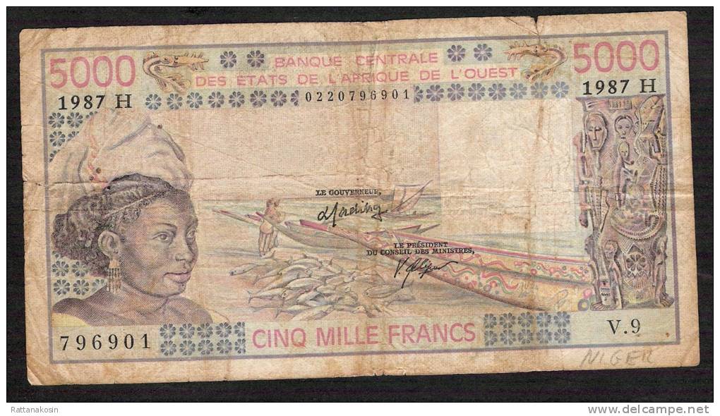 W.A.S. NIGER P608Hl 5000 FRANCS 1987  VG-F 2 Tears/2 P.h./folds - Niger