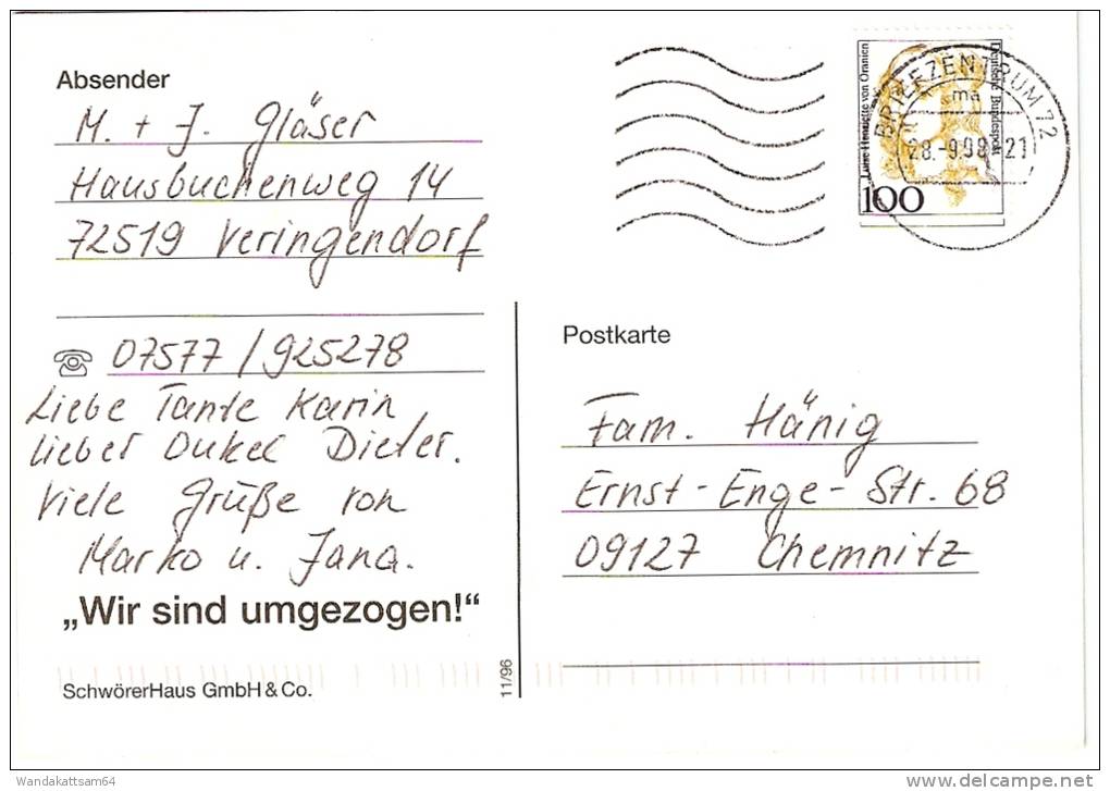 AK 1196 Schwörer Haus Gmbh & Co. "Wie Sind Umgezogen!" 28.-9. 98 - 21 BRIEFMARKENZENTRUM 72 Ma Nach Chemnitz Mit 1 X 100 - Reutlingen